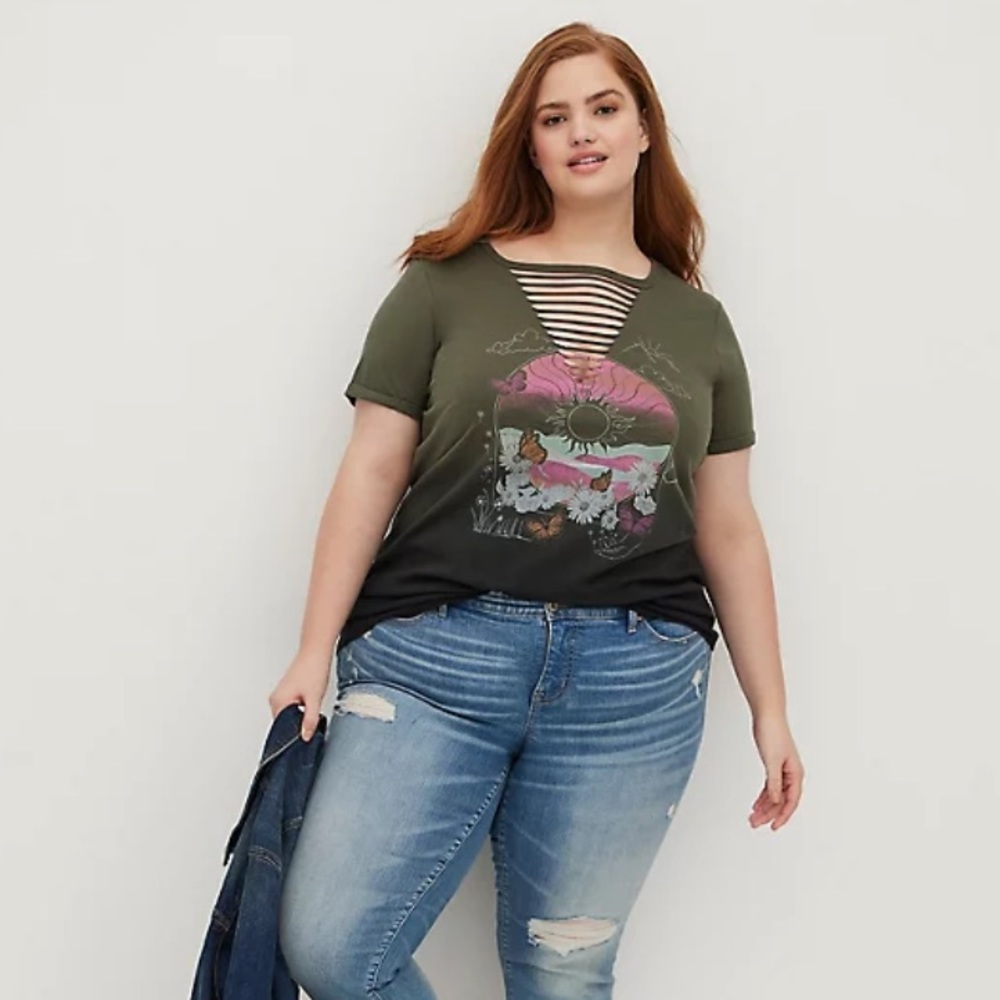 Torrid Golden Day Dip Dye Slashed Graphic Short Sleeve Tee NWT